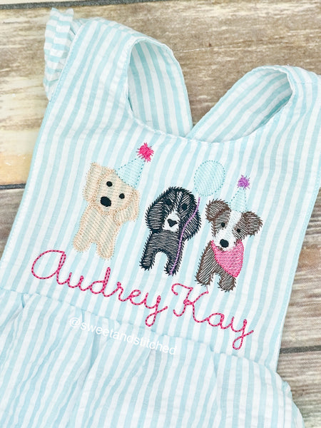 Monogrammed baby girl ruffle bubble with birthday dog birthday design in aqua, puppy cake smash, dog 1st birthday outfit