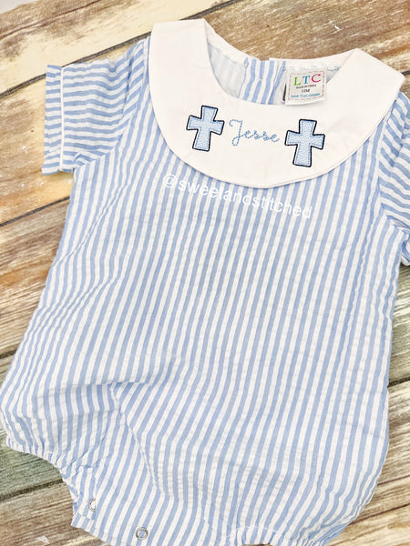 Monogrammed baby boy easter bishop bubble with crosses, monogrammed boys easter romper, seersucker monogrammed easter outfit