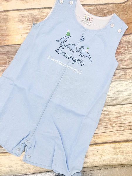 Monogrammed baby boy jon jon with dinosaurs, dinosaur themed baby boy birthday outfit with name, monogrammed jon jon, cake smash
