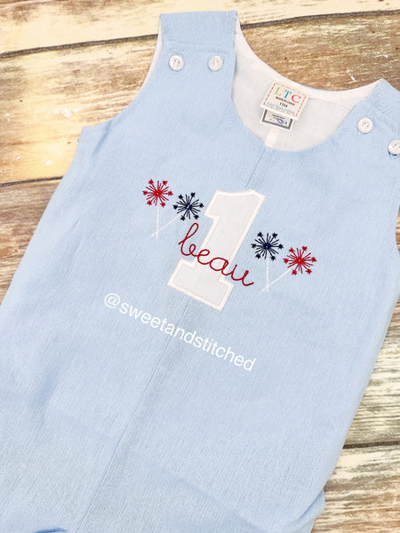 Monogrammed baby boy jon jon with 1 sparklers and name, baby boy 1st birthday 4th of july themed outfit, fireworks cake smash outfit