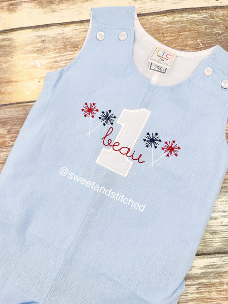 Monogrammed baby boy jon jon with 1 sparklers and name, baby boy 1st birthday 4th of july themed outfit, fireworks cake smash outfit