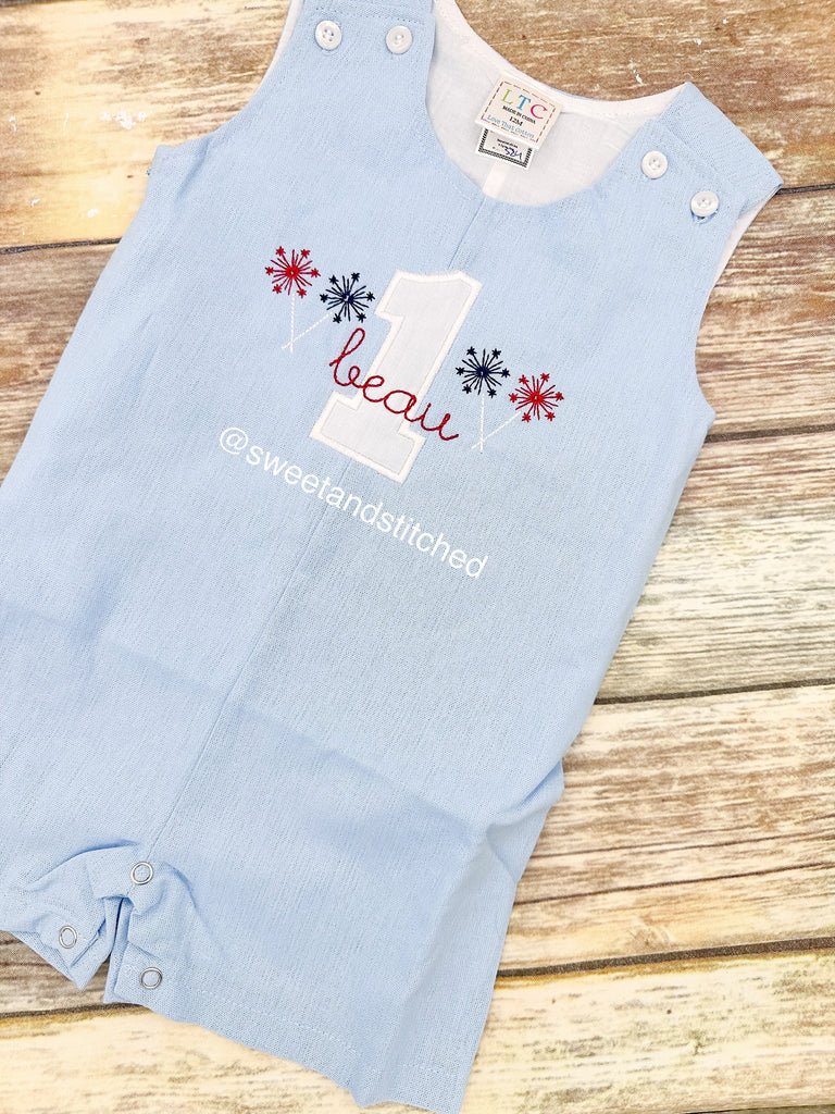Monogrammed baby boy jon jon with 1 sparklers and name, baby boy 1st birthday 4th of july themed outfit, fireworks cake smash outfit