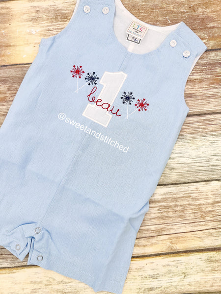 Monogrammed baby boy jon jon with 1 sparklers and name, baby boy 1st birthday 4th of july themed outfit, fireworks cake smash outfit