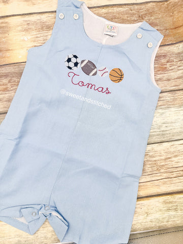 Monogrammed boys jon jon with sports design, baby boy birthday outfit with basketball baseball soccer ball football name, cake smash outfit