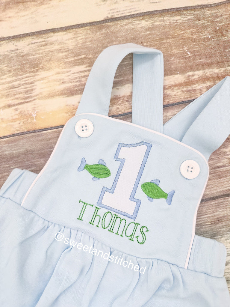 Monogrammed baby boy fish birthday romper, fishing birthday outfit, fish themed cake smash outfit, birthday outfit