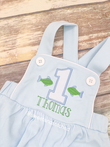 Monogrammed baby boy fish birthday romper, fishing birthday outfit, fish themed cake smash outfit, birthday outfit