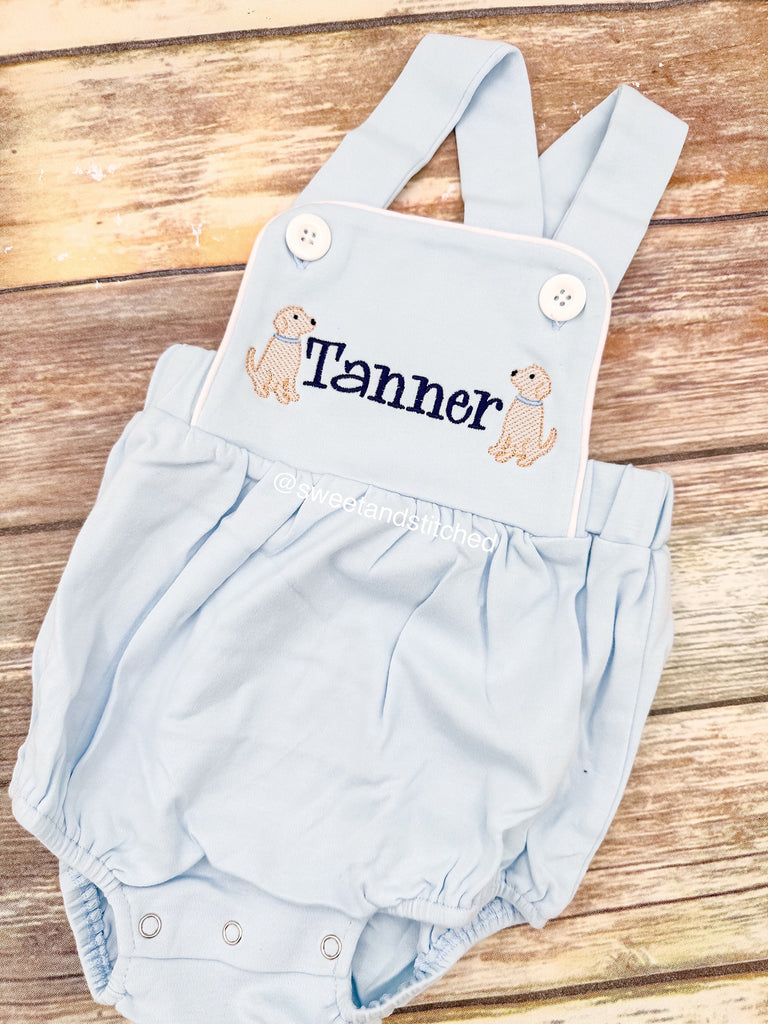 Monogrammed baby boy romper with puppies, dog birthday outfit, puppy or dog themed cake smash outfit, puppy toddler outfit