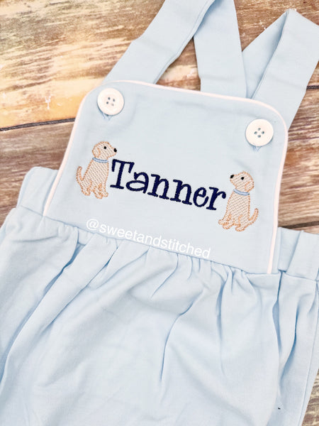 Monogrammed baby boy romper with puppies, dog birthday outfit, puppy or dog themed cake smash outfit, puppy toddler outfit