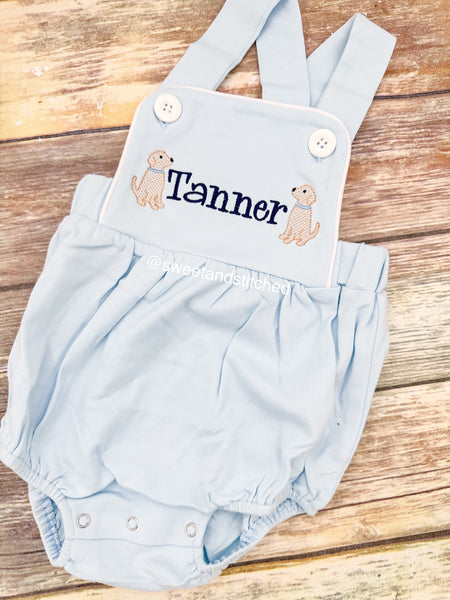 Monogrammed baby boy romper with puppies, dog birthday outfit, puppy or dog themed cake smash outfit, puppy toddler outfit