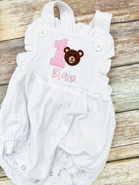 Monogrammed baby girl ruffle bubble with teddy bear design, girls birthday outfit, 1st birthday teddy bear outfit, teddy bear cake smash