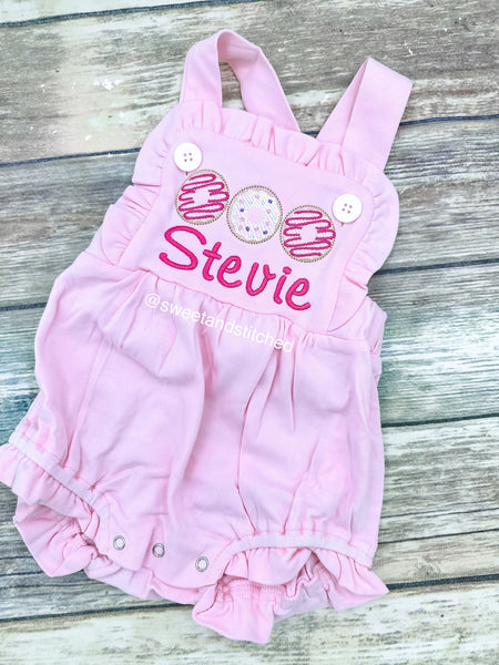 Monogrammed pink baby girl cake smash outfit with donut trio and name, girls birthday outfit, 1st birthday donut themed cake smash outfit