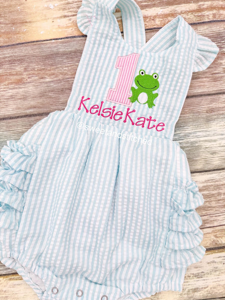 Monogrammed baby girl birthday bubble romper with frog, frog 1st birthday outfit, personalized frog themed cake smash outfit