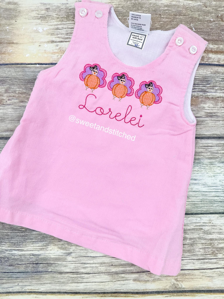 Girls Thanksgiving Dress in pink corduroy, monogrammed thanksgiving dress, corduroy jumper, personalized pumpkin turkey dress