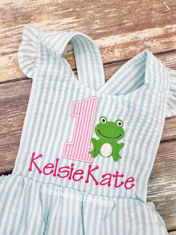 Monogrammed baby girl birthday bubble romper with frog, frog 1st birthday outfit, personalized frog themed cake smash outfit