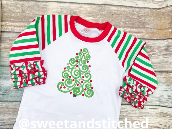 Girls Christmas shirt personalized, monogrammed christmas raglan tee with girly tree design