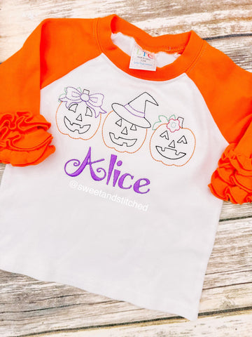 Girls Monogrammed Halloween Shirt, ruffle raglan jack o lantern tee, personalized halloween raglan shirt, fall Shirt Personalized