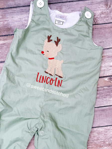 Monogrammed sage green Christmas overalls or romper with your choice of design, name or monogram, boys reindeer outfit