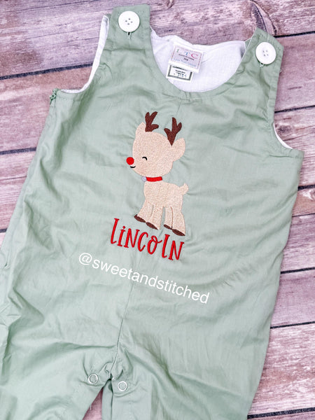 Monogrammed sage green Christmas overalls or romper with your choice of design, name or monogram, boys reindeer outfit