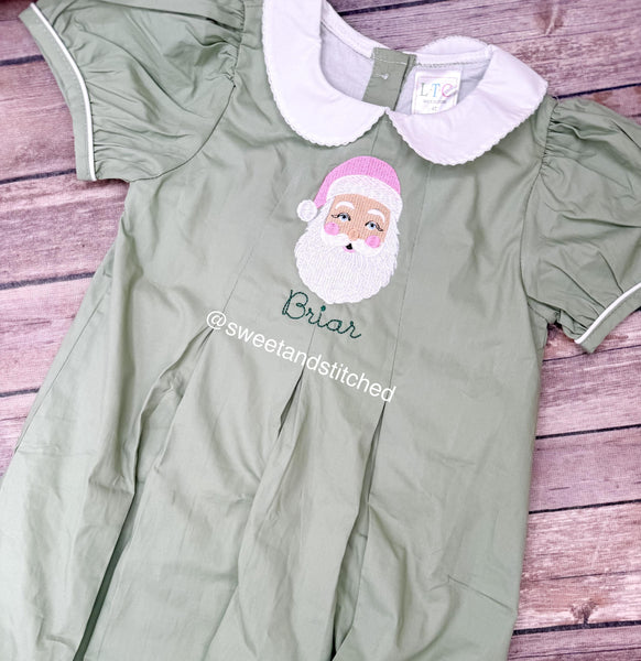 Girls monogrammed Christmas dress in sage green, Collared Christmas dress with Santa design, 1st Christmas dress