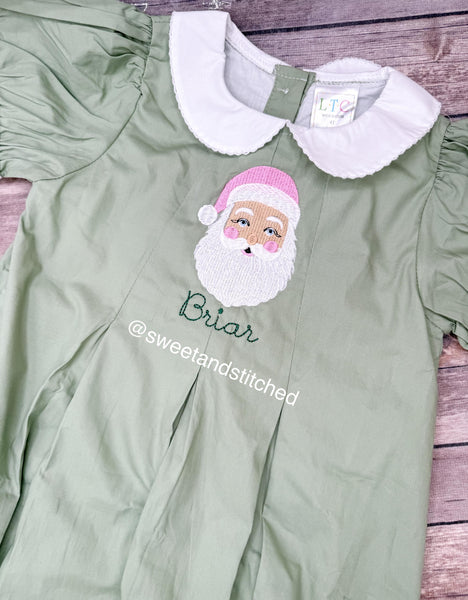 Girls monogrammed Christmas dress in sage green, Collared Christmas dress with Santa design, 1st Christmas dress