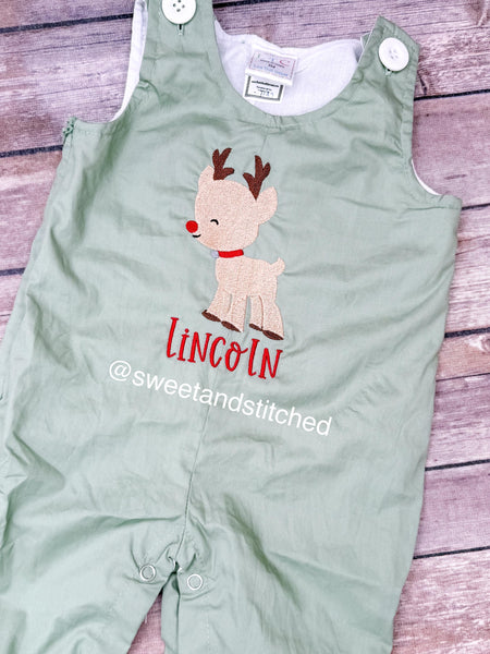 Monogrammed sage green Christmas overalls or romper with your choice of design, name or monogram, boys reindeer outfit