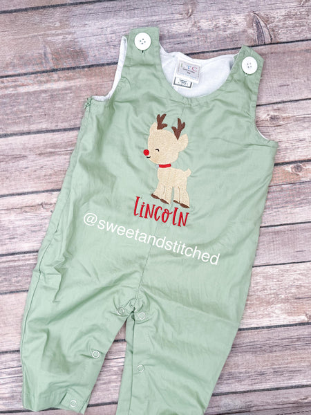 Monogrammed sage green Christmas overalls or romper with your choice of design, name or monogram, boys reindeer outfit
