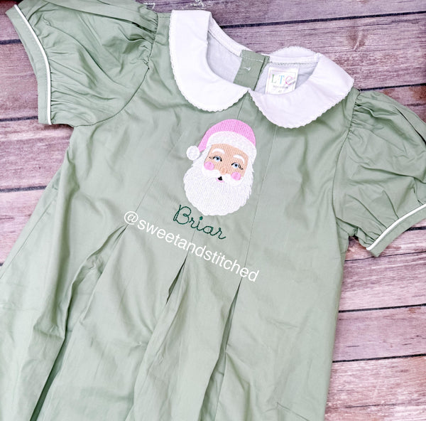 Girls monogrammed Christmas dress in sage green, Collared Christmas dress with Santa design, 1st Christmas dress