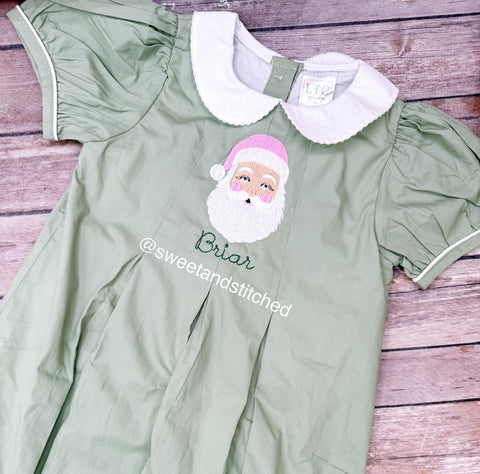 Girls monogrammed Christmas dress in sage green, Collared Christmas dress with Santa design, 1st Christmas dress