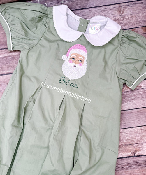 Girls monogrammed Christmas dress in sage green, Collared Christmas dress with Santa design, 1st Christmas dress