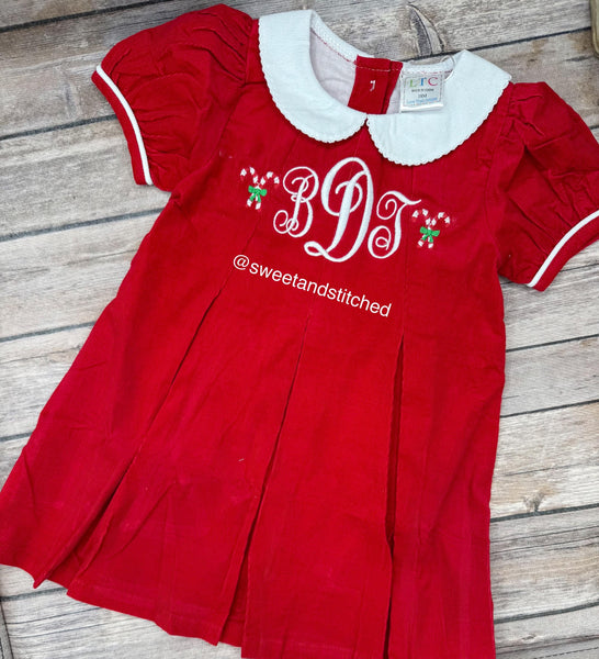 Baby girl monogrammed corduroy collared Christmas dress with candy canes, Christmas outfit, Santa outfit