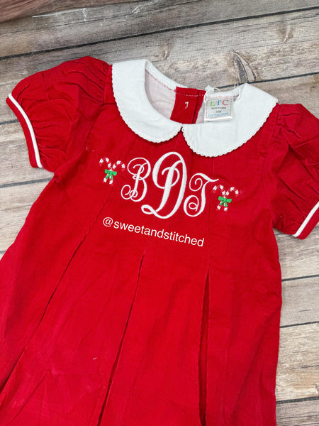 Baby girl monogrammed corduroy collared Christmas dress with candy canes, Christmas outfit, Santa outfit