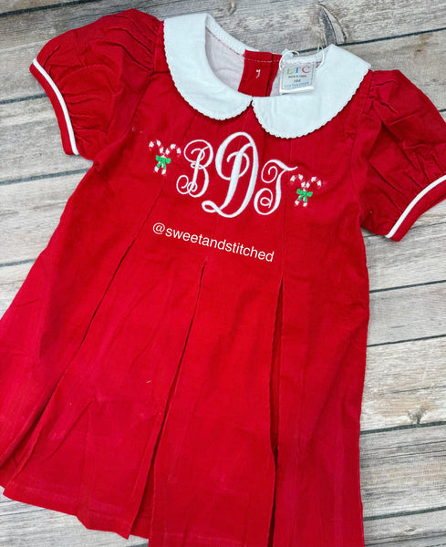 Baby girl monogrammed corduroy collared Christmas dress with candy canes, Christmas outfit, Santa outfit