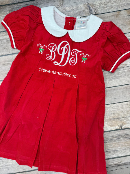 Baby girl monogrammed corduroy collared Christmas dress with candy canes, Christmas outfit, Santa outfit