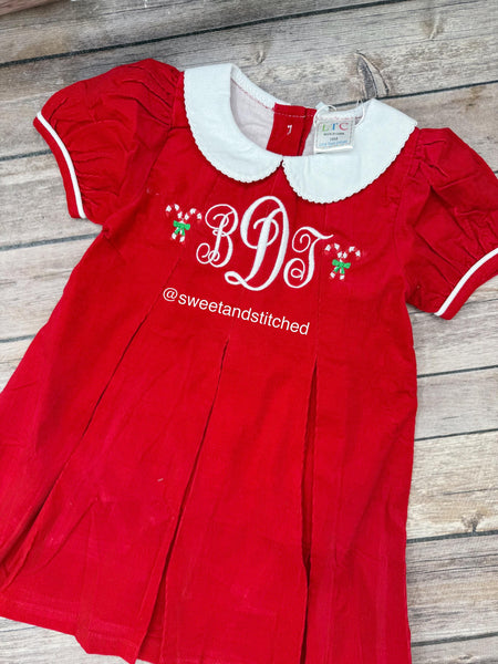 Baby girl monogrammed corduroy collared Christmas dress with candy canes, Christmas outfit, Santa outfit