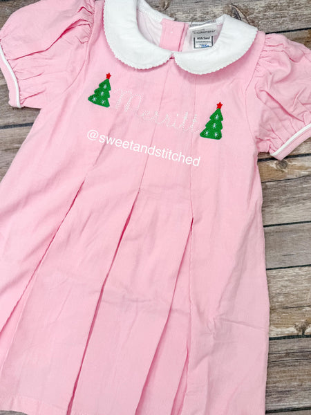Girls monogrammed Christmas dress in pink, Corduroy Collared Christmas dress with tree design and name, 1st Christmas dress, Santa dress