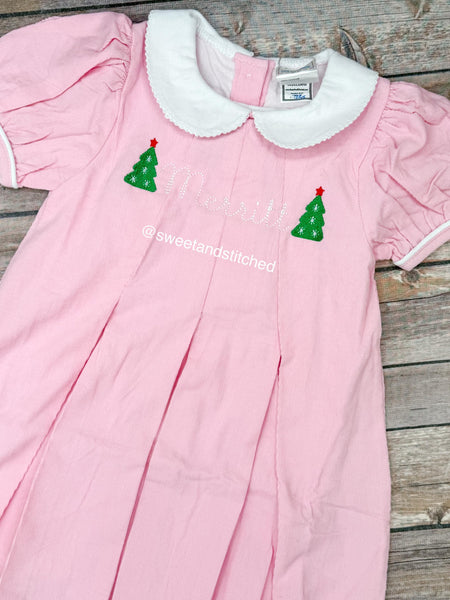 Girls monogrammed Christmas dress in pink, Corduroy Collared Christmas dress with tree design and name, 1st Christmas dress, Santa dress