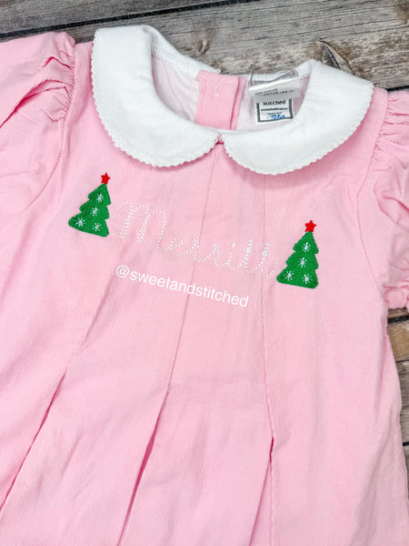 Girls monogrammed Christmas dress in pink, Corduroy Collared Christmas dress with tree design and name, 1st Christmas dress, Santa dress