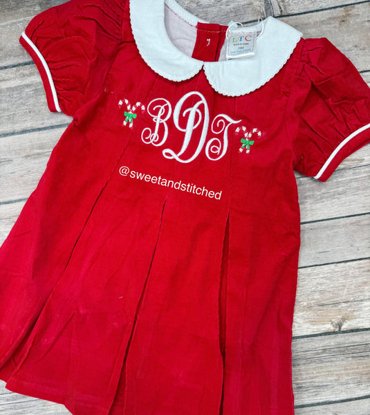 Baby girl monogrammed corduroy collared Christmas dress with candy canes, Christmas outfit, Santa outfit
