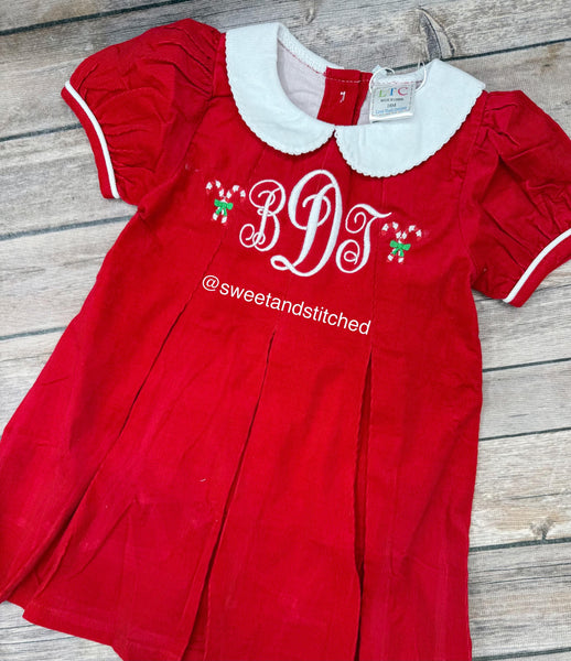 Baby girl monogrammed corduroy collared Christmas dress with candy canes, Christmas outfit, Santa outfit