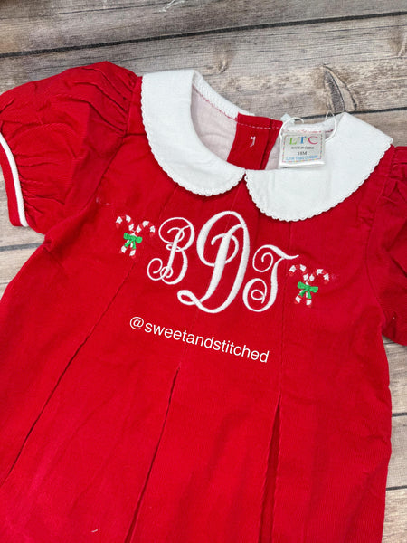 Baby girl monogrammed corduroy collared Christmas dress with candy canes, Christmas outfit, Santa outfit