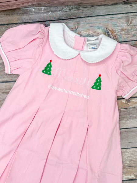 Girls monogrammed Christmas dress in pink, Corduroy Collared Christmas dress with tree design and name, 1st Christmas dress, Santa dress