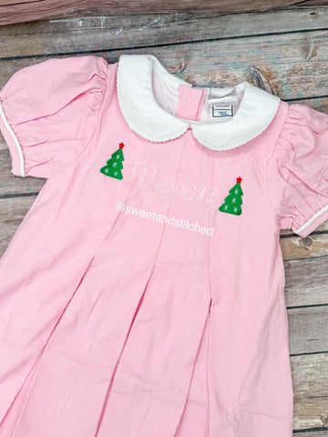 Girls monogrammed Christmas dress in pink, Corduroy Collared Christmas dress with tree design and name, 1st Christmas dress, Santa dress