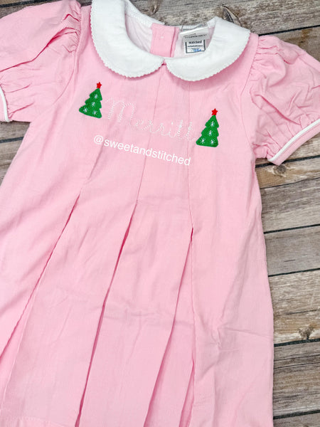 Girls monogrammed Christmas dress in pink, Corduroy Collared Christmas dress with tree design and name, 1st Christmas dress, Santa dress