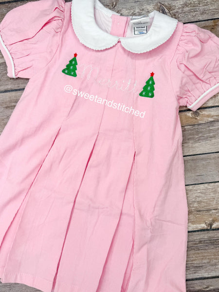Girls monogrammed Christmas dress in pink, Corduroy Collared Christmas dress with tree design and name, 1st Christmas dress, Santa dress