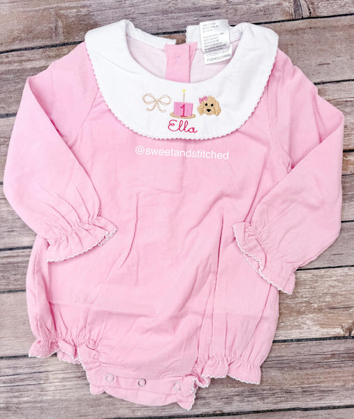 Monogrammed bishop bubble with puppy bow birthday cake trio design, 1st birthday puppy outfit, golden doodle cake smash outfit corduroy