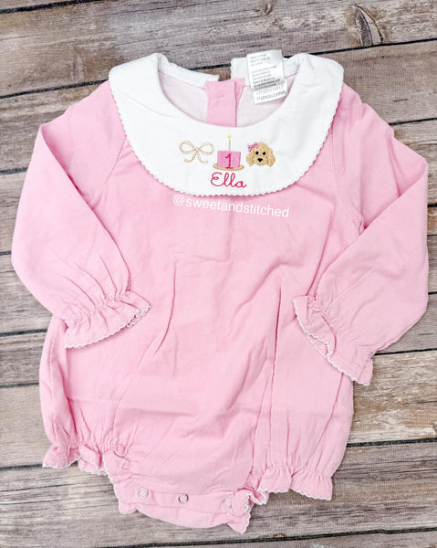 Monogrammed bishop bubble with puppy bow birthday cake trio design, 1st birthday puppy outfit, golden doodle cake smash outfit corduroy
