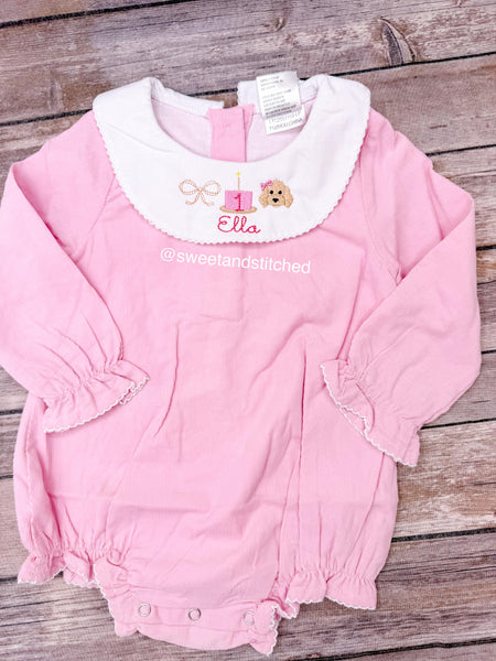 Monogrammed bishop bubble with puppy bow birthday cake trio design, 1st birthday puppy outfit, golden doodle cake smash outfit corduroy