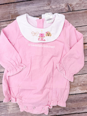 Monogrammed bishop bubble with puppy bow birthday cake trio design, 1st birthday puppy outfit, golden doodle cake smash outfit corduroy