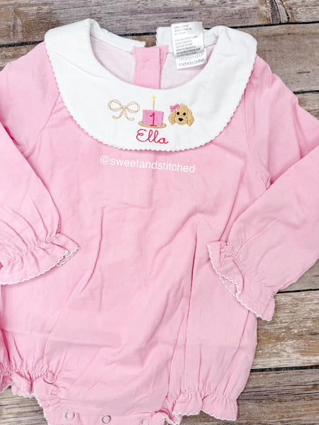 Monogrammed bishop bubble with puppy bow birthday cake trio design, 1st birthday puppy outfit, golden doodle cake smash outfit corduroy
