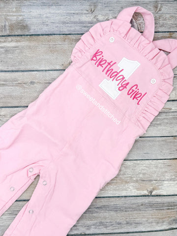 Baby girl monogrammed birthday overalls, monogrammed cake smash outfit, 1st birthday outfit with number and name
